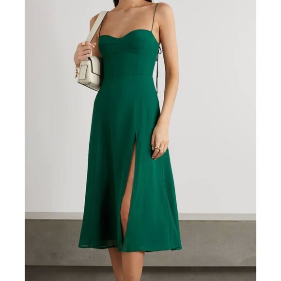 Reformation Dresses & Skirts - Reformation Juliette Dress Emerald Green Size 12 Bow Straps Slit Midi